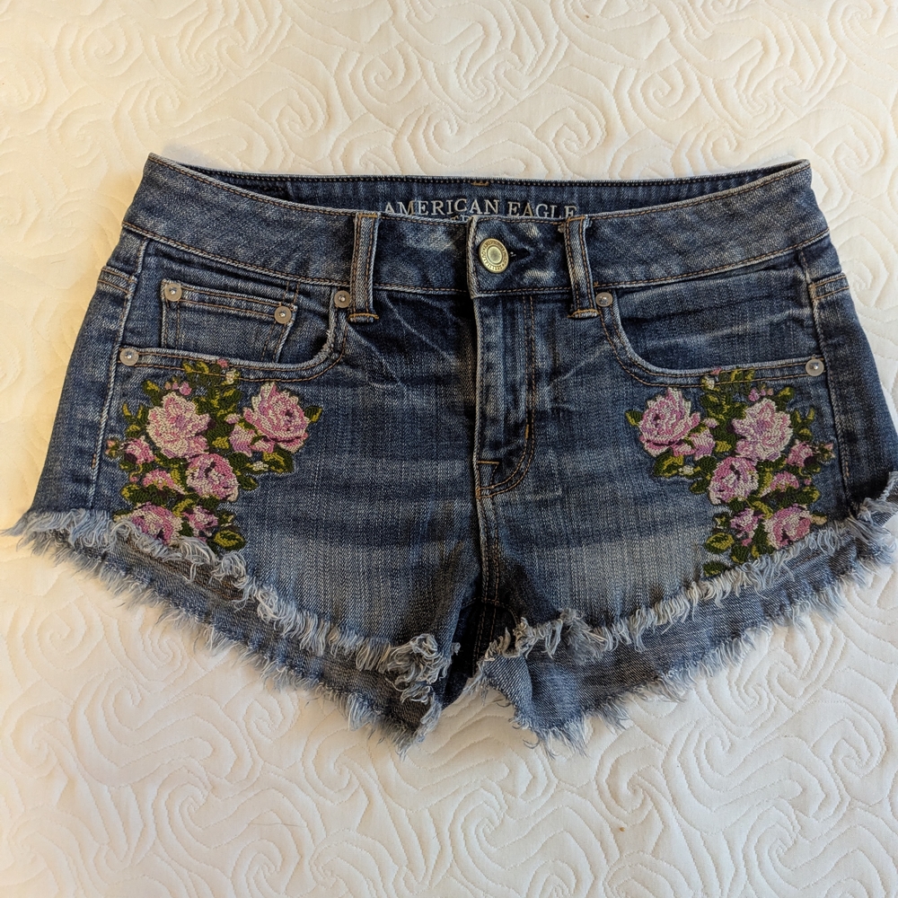 American Eagle Outfitters Women's Blue Denim Shorts with Floral Embroidery